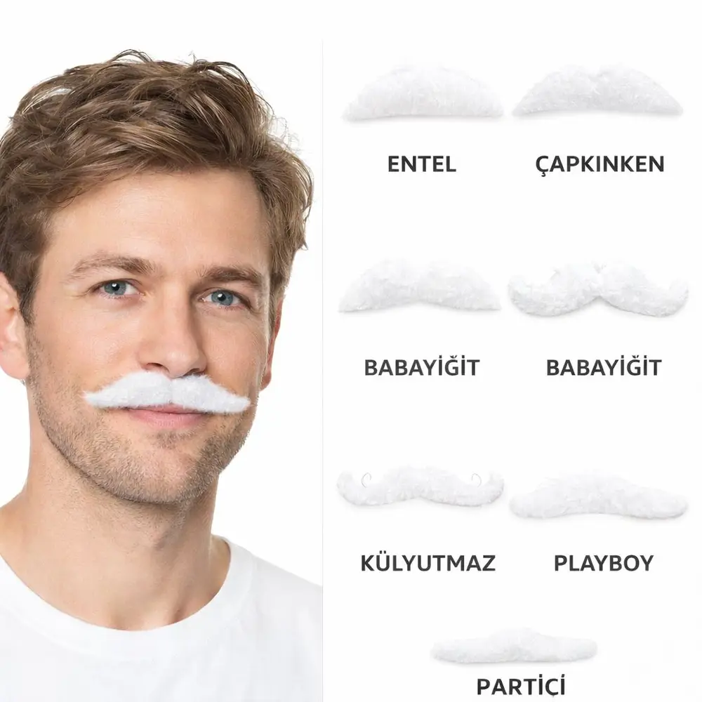 6’lı Yapışkanlı Beyaz Parti Bıyık Seti – Farklı Modeller 2