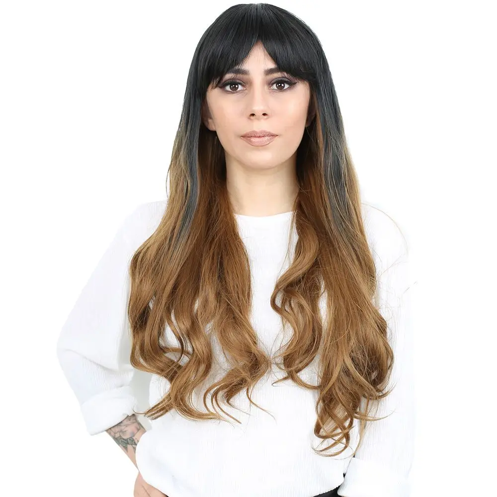 Kahküllü Uzun Daalı Fiber Sen Peruk / Siyah / Karamel Ombreli 3