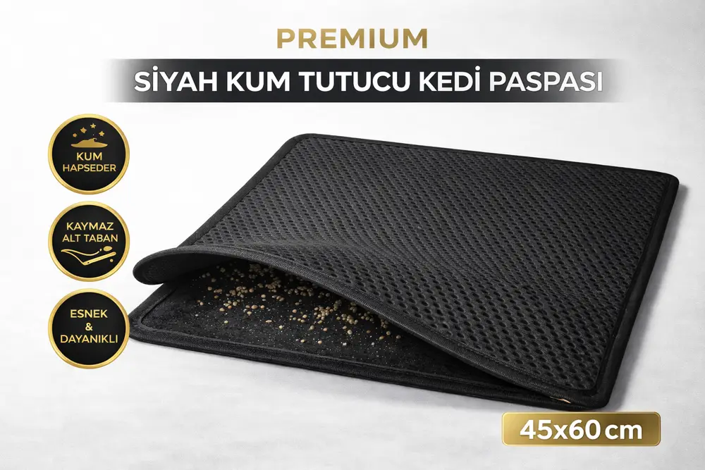 Kedi Elekli Tuvalet Önü Kum Tutucu Paspas 45 cm - 60 cm Siyah 4