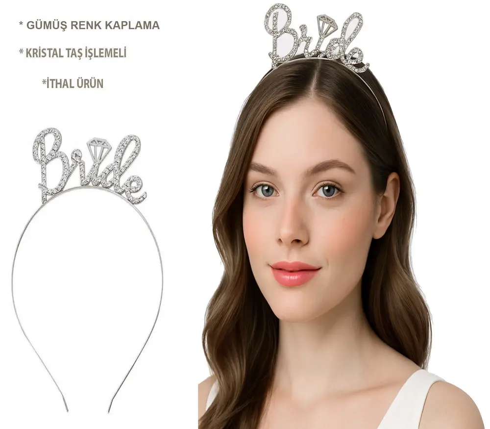 Gümüş Renkli Taşlı “Bride” Gelin Tacı – El Yazısı Yazı Tipiyle 2