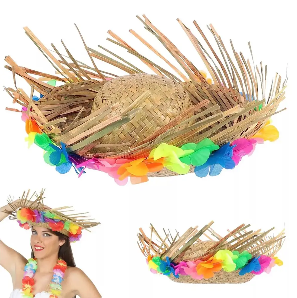 Naturel Renk Püsküllü Örme Hasır Hawaii Luau ha Şapka 13x36 cm 2