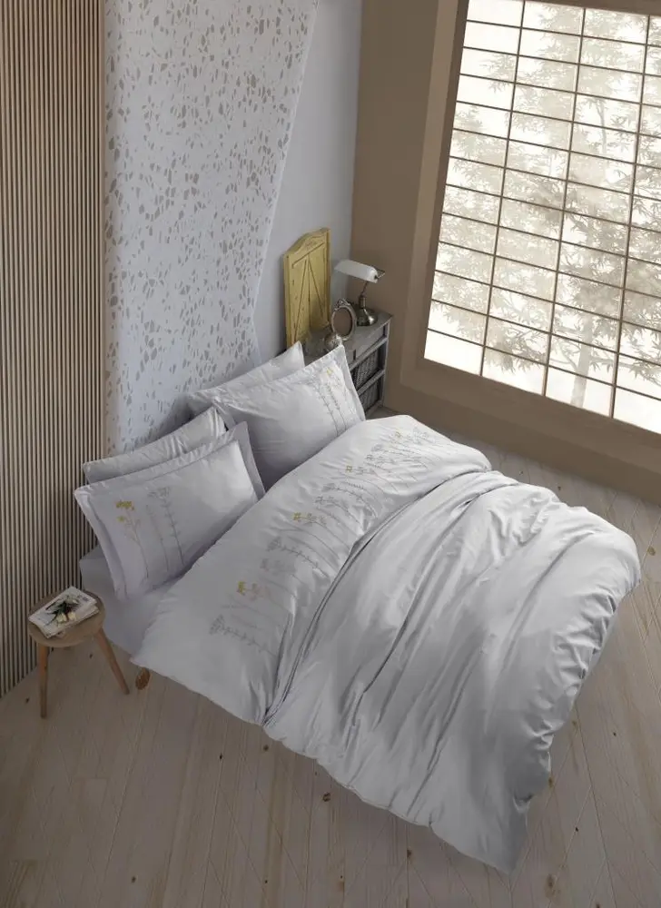 Çift Kişilik Poplin Premium Nakışlı Nevresim Diva Gri