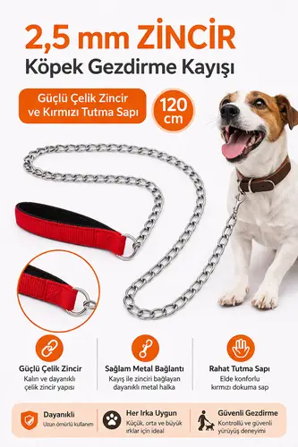 Zincir Köpek Gezdirme Kayışı Dalı Çelik & Ergonomik Tutma Saplı 2,5 mm-120 cm Kırmızı