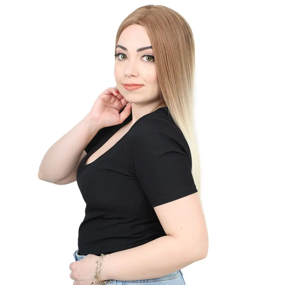 Fiber Sen Uzun Düz Peruk / Balköpüğü / Platin Ombreli 3