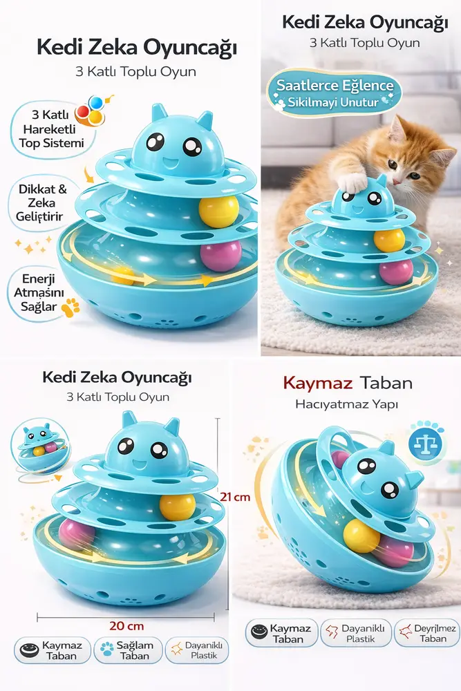 Hacıyatmaz Kedi Oyuncağı 3 Katlı Toplu Zeka Oyuncağı 20x21 cm – Devrilmez Interaktif Oyuncağı 3