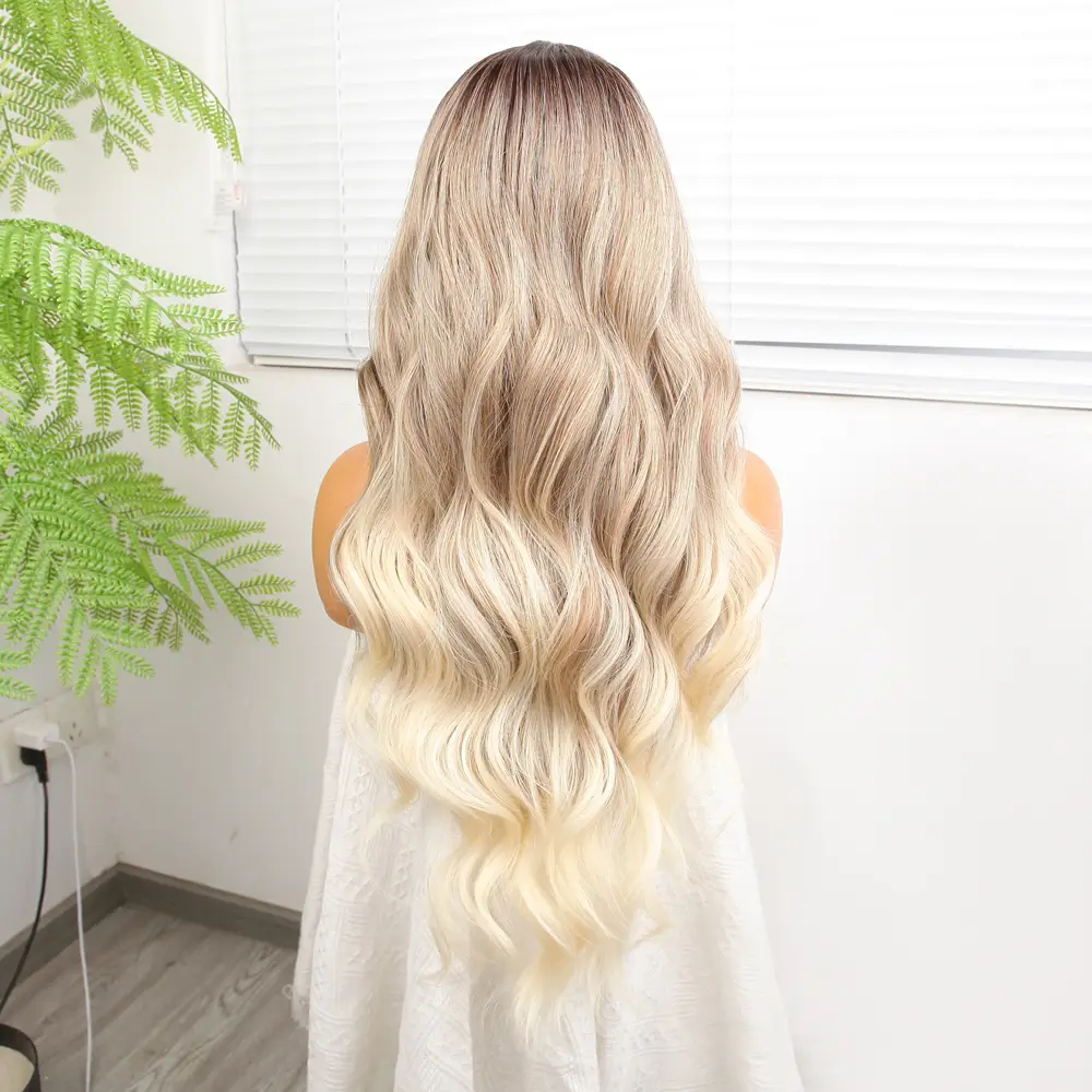 Kumral Platin Ombre  ve Röfleli Fiber Sen Geniş Daalı Tül Peruk 5