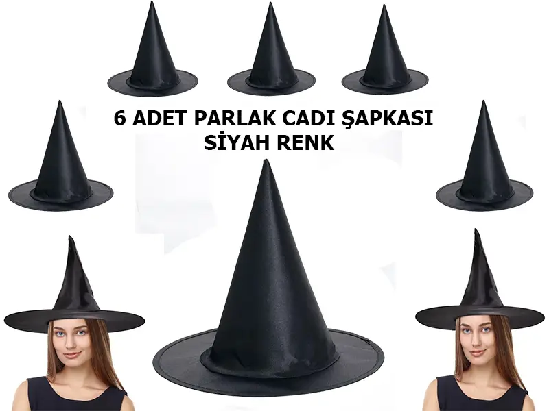 Siyah Renk Parlak Drn Cadı Şapkası Yetişkin ve Çuk Uyumlu 6 Adet