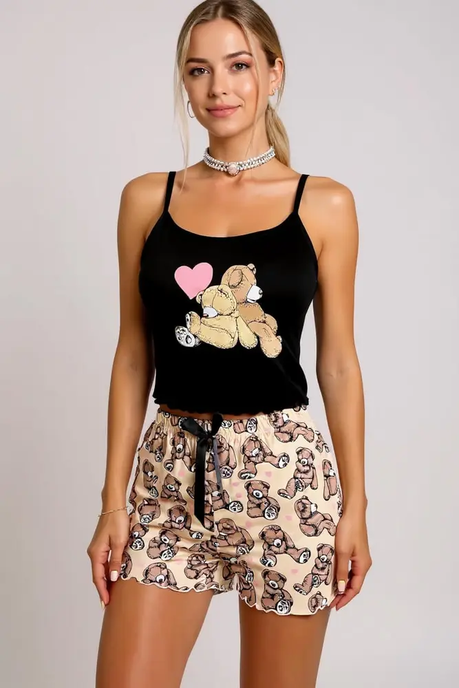Ayıcık Desenli Askılı Şortlu Kadın Pijama 3