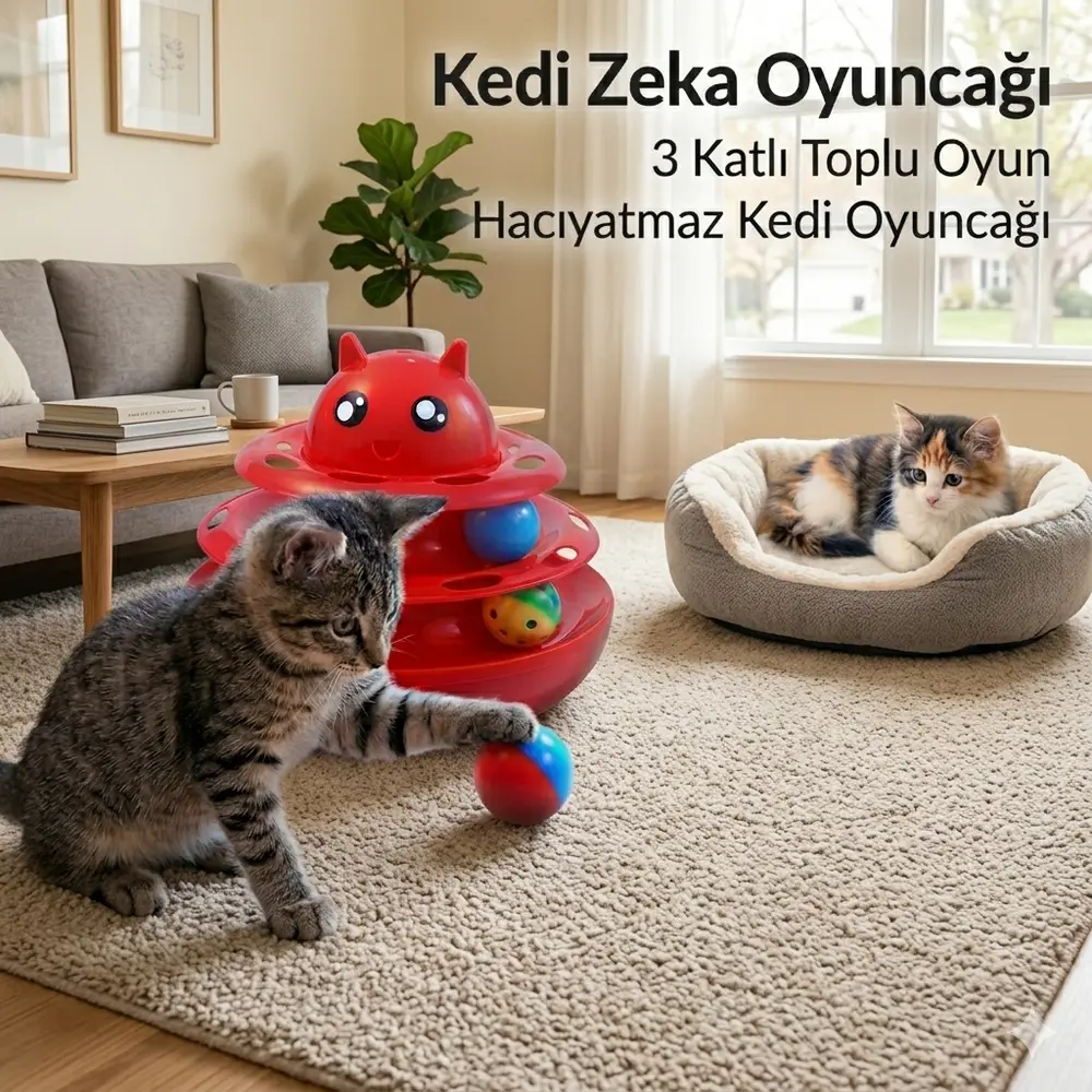 Hacıyatmaz Kedi Oyuncağı 3 Katlı Toplu Zeka Oyuncağı 20x21 cm – Devrilmez Interaktif Oyuncağı 5
