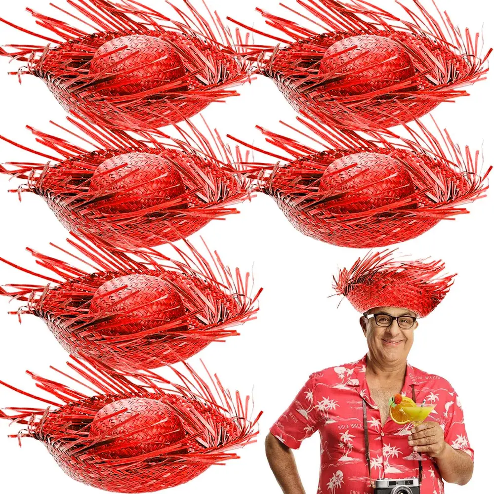 Tropikal Parti Kırmızı Hasır Hawaii Şapkası 13x36 cm 2
