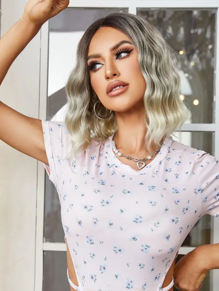 Kahverengi / Beyaz Platin Ombreli Küt Tül Peruk 6