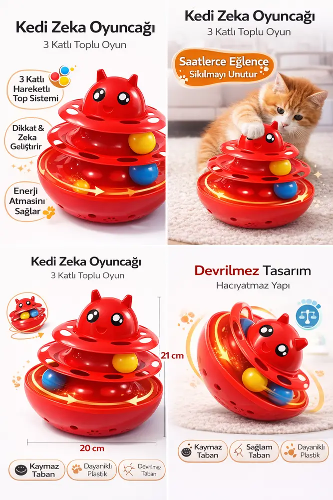 Hacıyatmaz Kedi Oyuncağı 3 Katlı Toplu Zeka Oyuncağı 20x21 cm – Devrilmez Interaktif Oyuncağı 3
