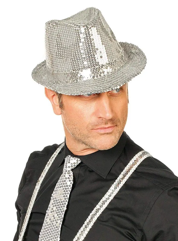 Disko Star Gümüş Payetli Fötr Şapka Yetişkin Boy 2