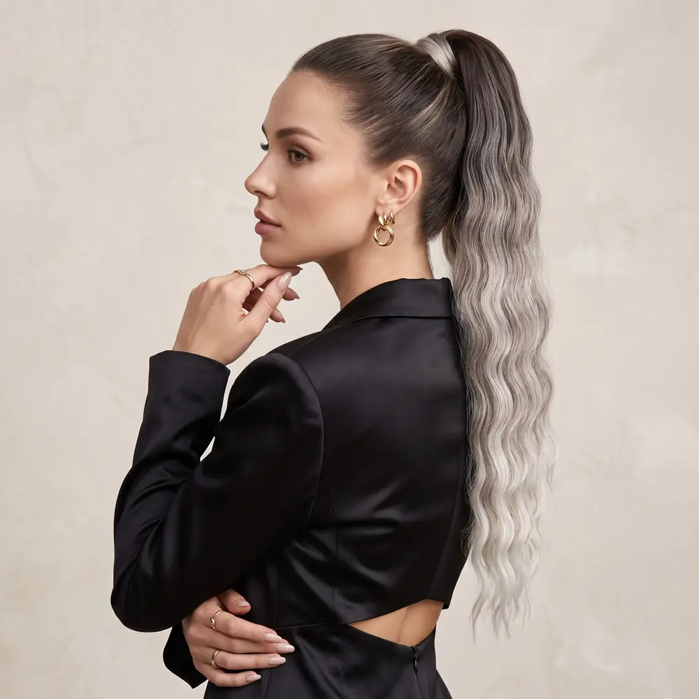 Lastik Tokalı At Kuyruğu Su Daalı / Koyu Kumral / Gümüş Platin Ombre 2
