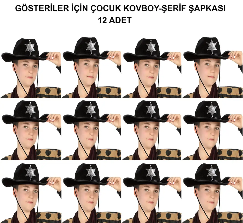 Kovboy Şerif Şapkası Siyah 12 Adet - Kostüm, Parti ve Gösteri Şapkası 2