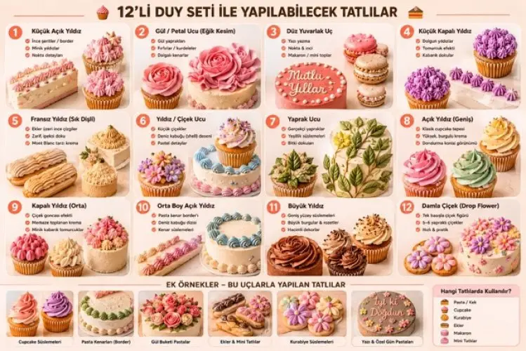 12’li Profesyonel Paslanmaz Çelik Pastacı Duy Seti – Detaylı Dekorasyon ve Süsleme Uçları 3