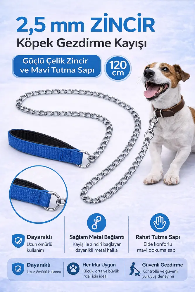 Zincir Köpek Gezdirme Kayışı Dalı Çelik & Ergonomik Tutma Saplı 2,5 mm-120 cm Mi