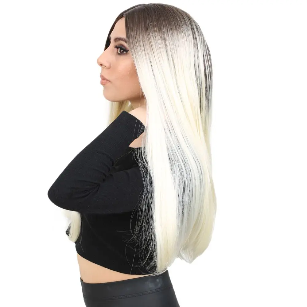 Fiber Sen Uzun Düz Peruk / Küllü Açık Kahve / Platin Ombreli 3