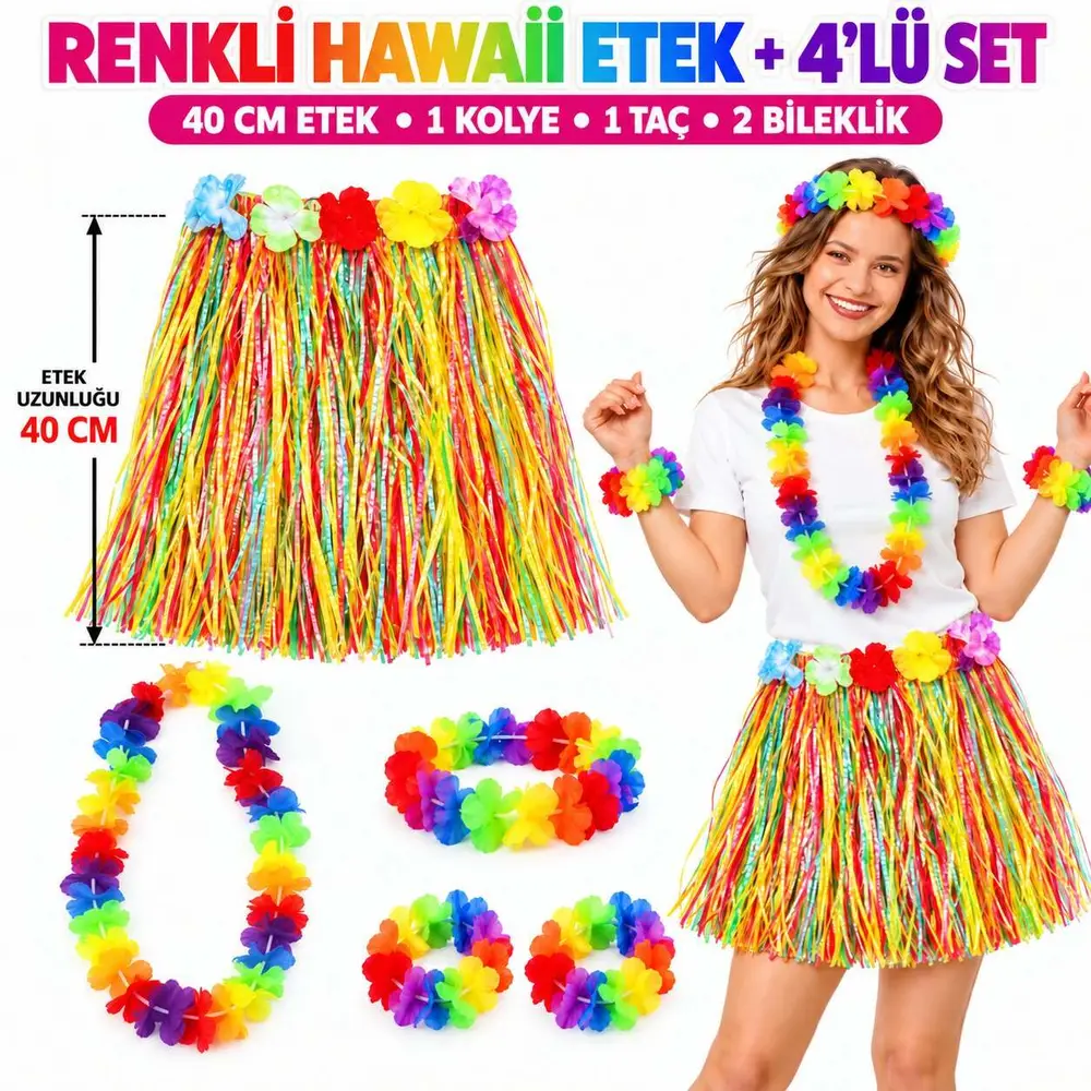 Renkli Hawaii Etek 40 cm ve 4’lü Hawaii Seti