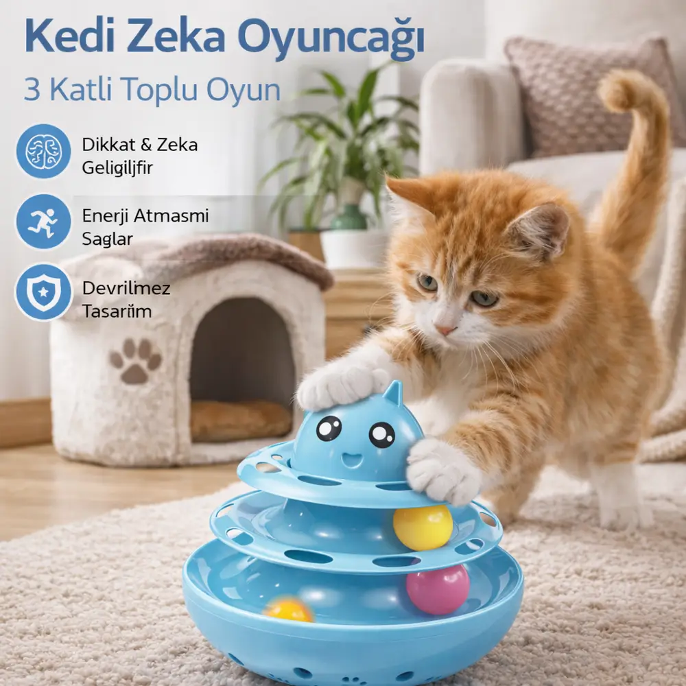 Hacıyatmaz Kedi Oyuncağı 3 Katlı Toplu Zeka Oyuncağı 20x21 cm – Devrilmez Interaktif Oyuncağı 4