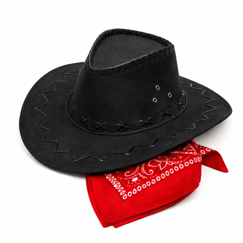 Çuk Kovboy Şapka Siyah & Kırmızı Bandana Fular Seti 2