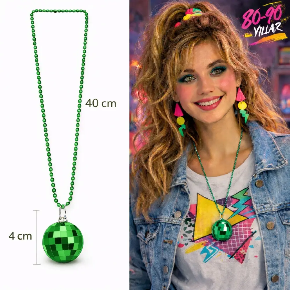 Retro Disko Topu Şekilli 80'ler 90'lar Yeşil Renk Plastik Kolye 2