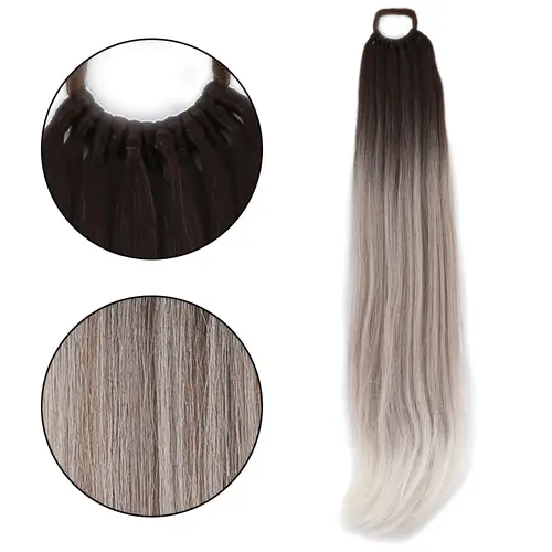 Lastik Tokalı At Kuyruğu Düz / Koyu Kumral / Gümüş Platin Ombre