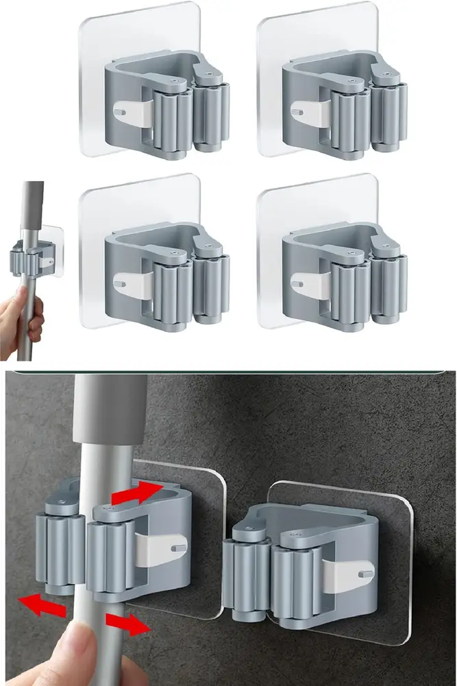 4 Lü Kelebek Yapışkanlı Mop Fırça Çekpas Sap Tutucu Organizer Banyo Düzenleyici 2