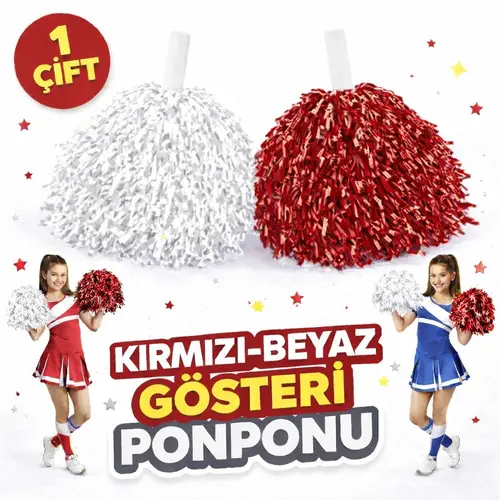1 Çift ( 2 Adet ) Kırmızı-Beyaz Renk 23 Nisan 19 Mayıs 29 Ekim Okul Gösteri Ponponları Ekstra Doun