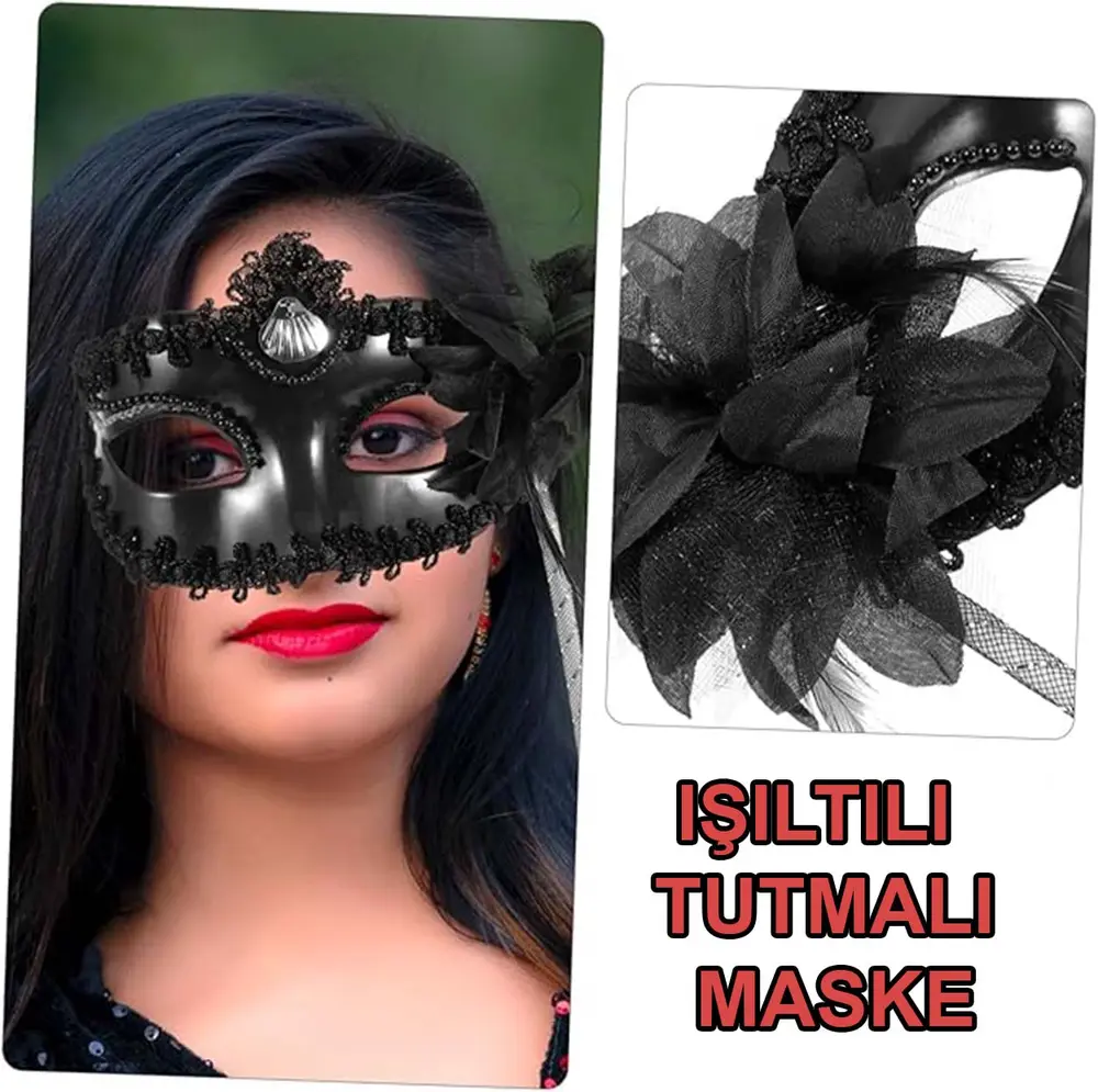 Siyah Işıltılı Tutmalı Fotoğraf Çekimi Maskesi 18x29 cm 5