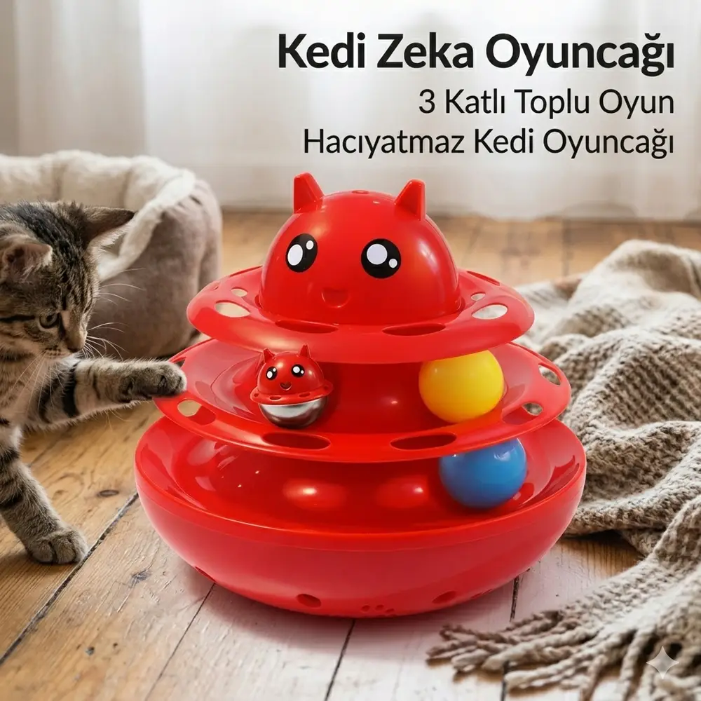 Hacıyatmaz Kedi Oyuncağı 3 Katlı Toplu Zeka Oyuncağı 20x21 cm – Devrilmez Interaktif Oyuncağı 4