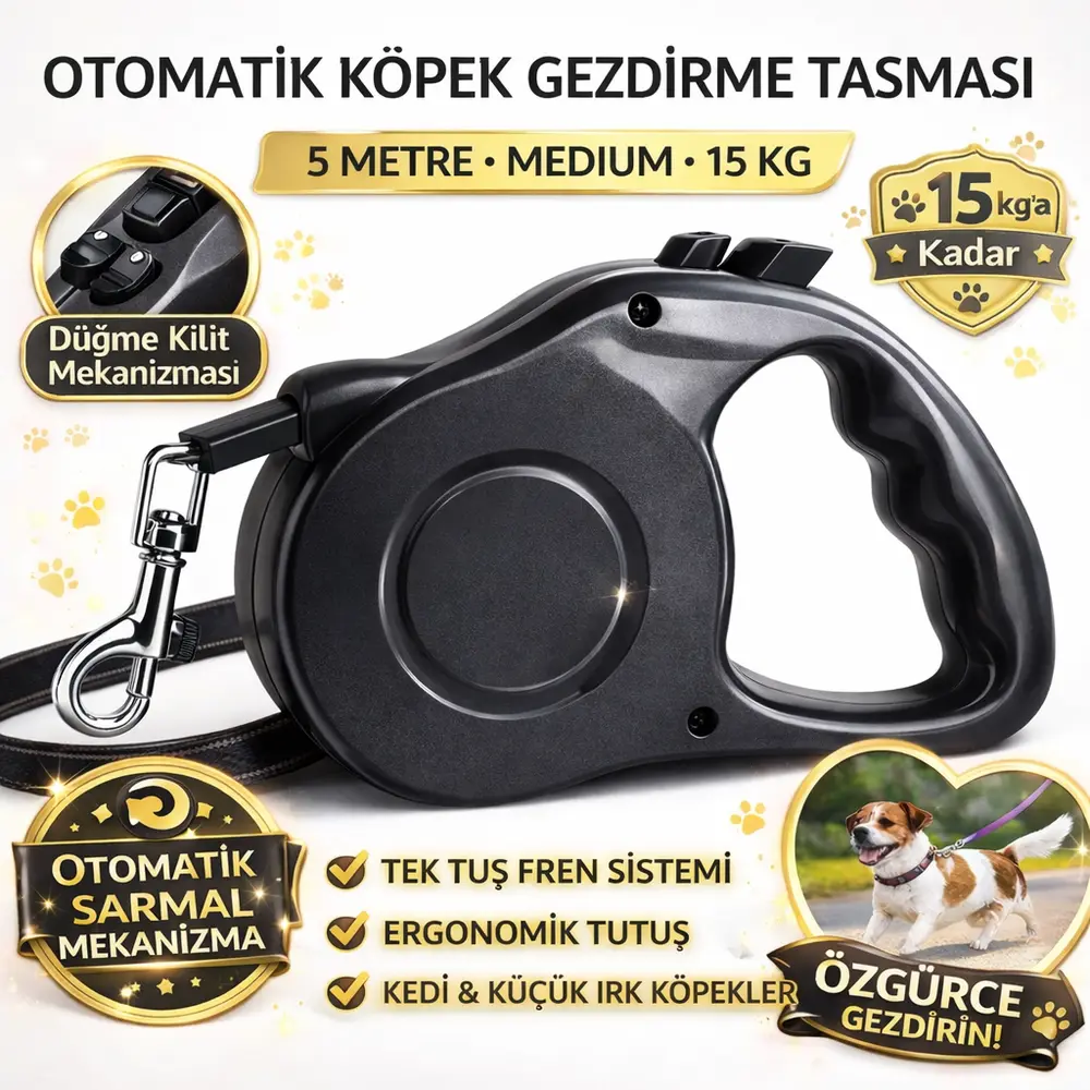 Karamel Otomatik Köpek Gezdirme Tasması Medium 5 Metre 15 kg Siyah 3