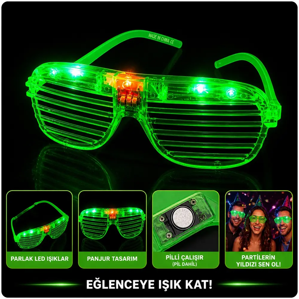 LED Işıklı Panjur Parti Gözlüğü Yeşil Renk Shutter Gözlük 2