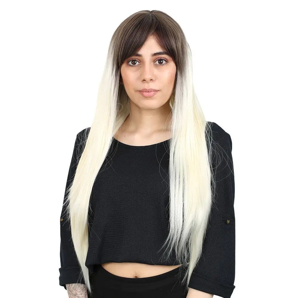 Fiber Sen Uzun Düz Kahküllü Peruk / Küllü Açık Kahve / Platin Ombreli 3