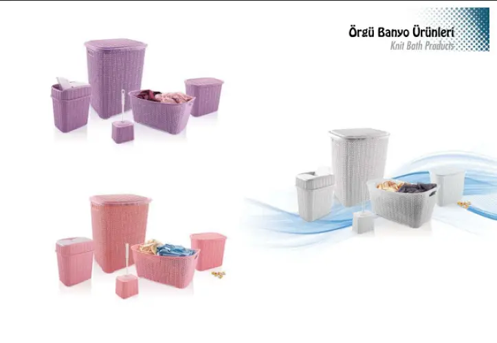 5 Parça Örgü Desenli Plastik Banyo Seti Çamaşır Sepeti Deterjanlık Klik Çöp Kovası Klozet Fırçası 2