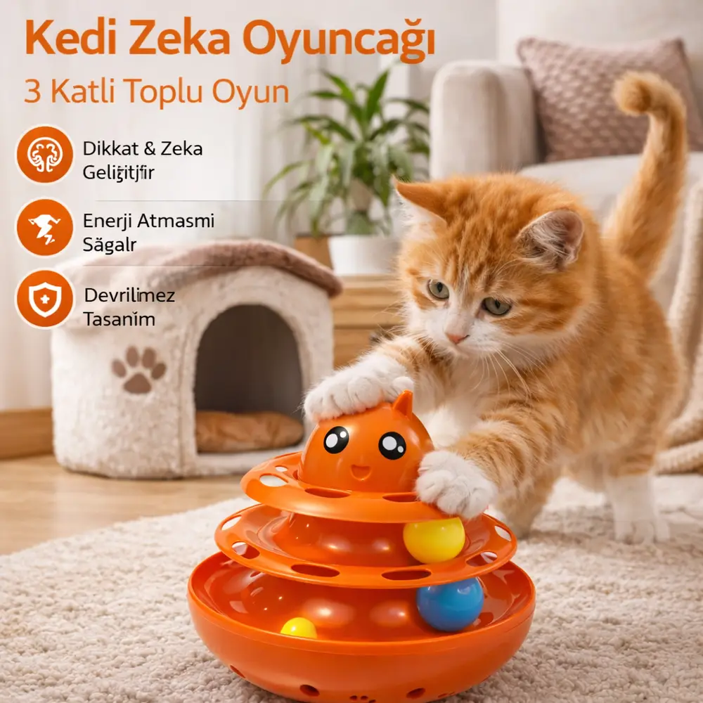 Hacıyatmaz Kedi Oyuncağı 3 Katlı Toplu Zeka Oyuncağı 20x21 cm – Devrilmez Interaktif Oyuncağı 6