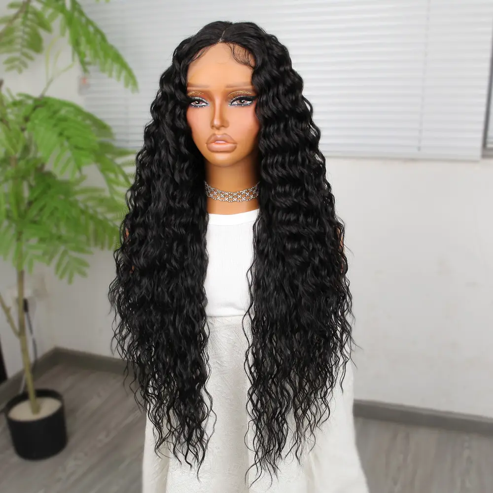 Ekstra Uzun Yoğun Afro Daa Siyah Fiber Sen Geniş T Tül Peruk 4