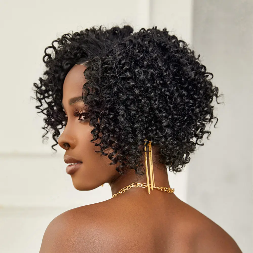 Siyah Kısa Afro Yan Tül Peruk 4