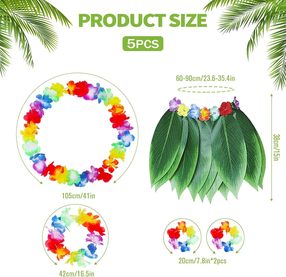 Yetişkin Hawaii Kostüm Seti - Yaprak Etek & Hawaii Set - 5 Parça 2