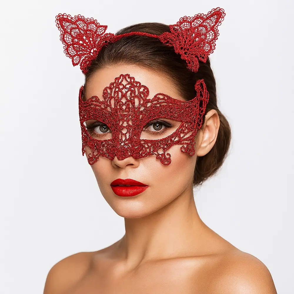 Romantik Kırmızı Dantel Maske Seti – Kedi Kulaklı Taç ve Maske 3 No 2