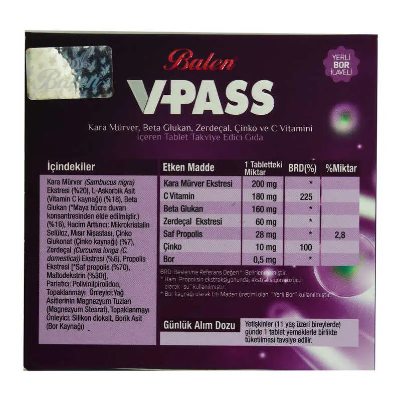 V-Pass Kara Mürverli Zerdeçallı Çinko ve C minli 1000 Mg X 30 Tablet 4