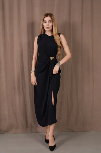 Kadın Kalın Askılı Yırtmaçlı Linda Kumaş Elbise