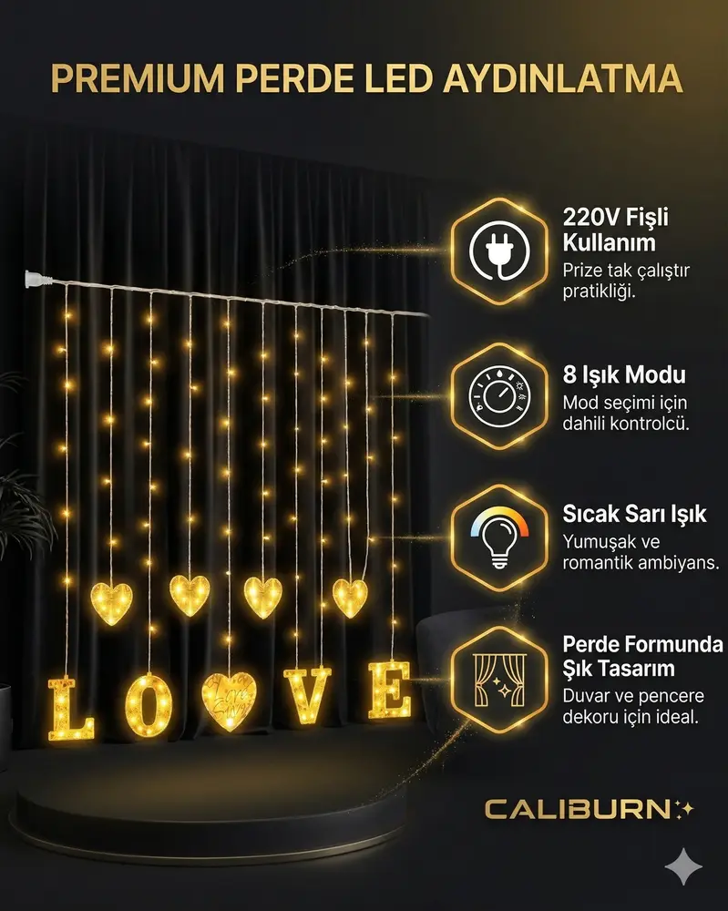 3 Metre Perde Led Işık - 8 Modlu Kalp ve LOVE Figürlü Dekoratif Animasyonlu Led 3