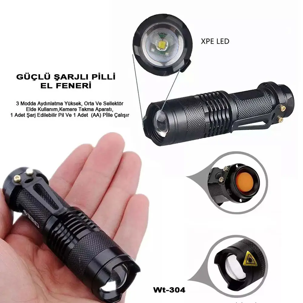 Mini Güçlü Şarjlı Pilli EL Feneri Wt-304 2