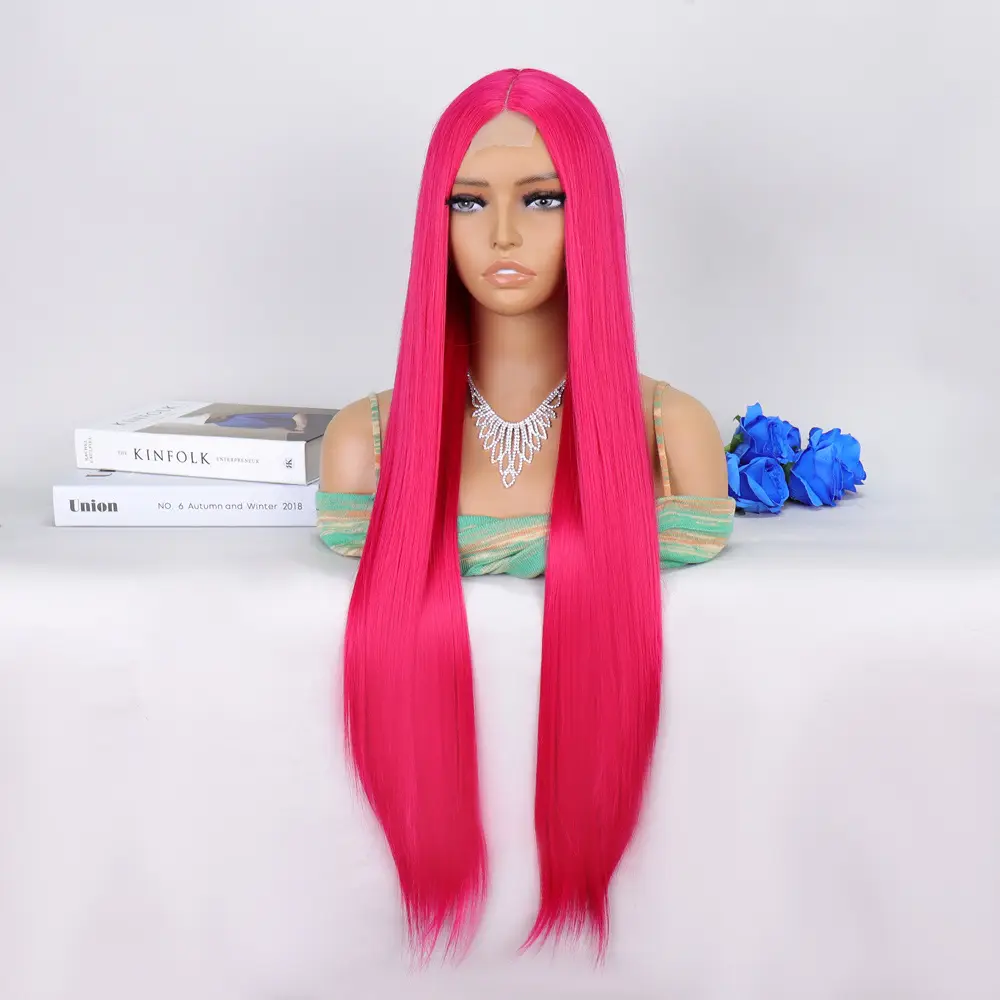 Koyu Pembe Ekstra Uzun Tül Peruk 3