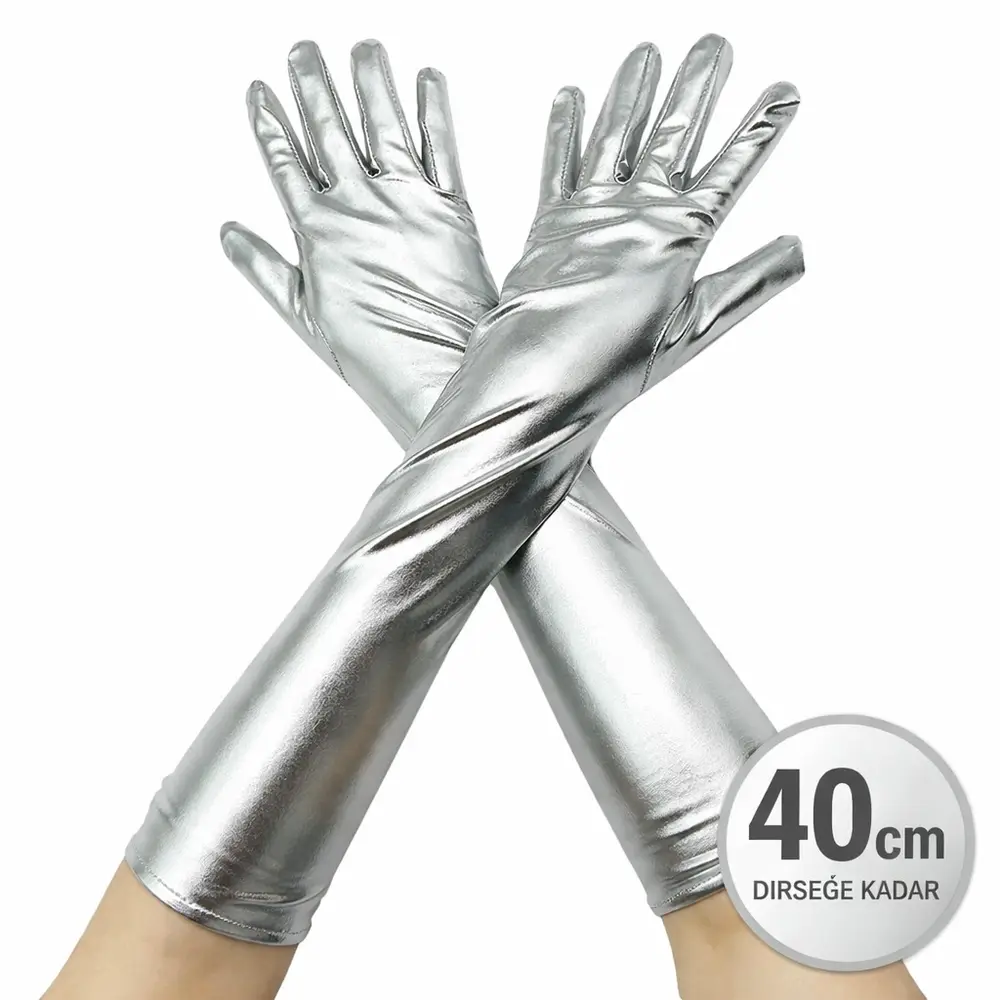 Gümüş Renk Dirsek Altı Lüks Saten Eldiven 40 cm 3