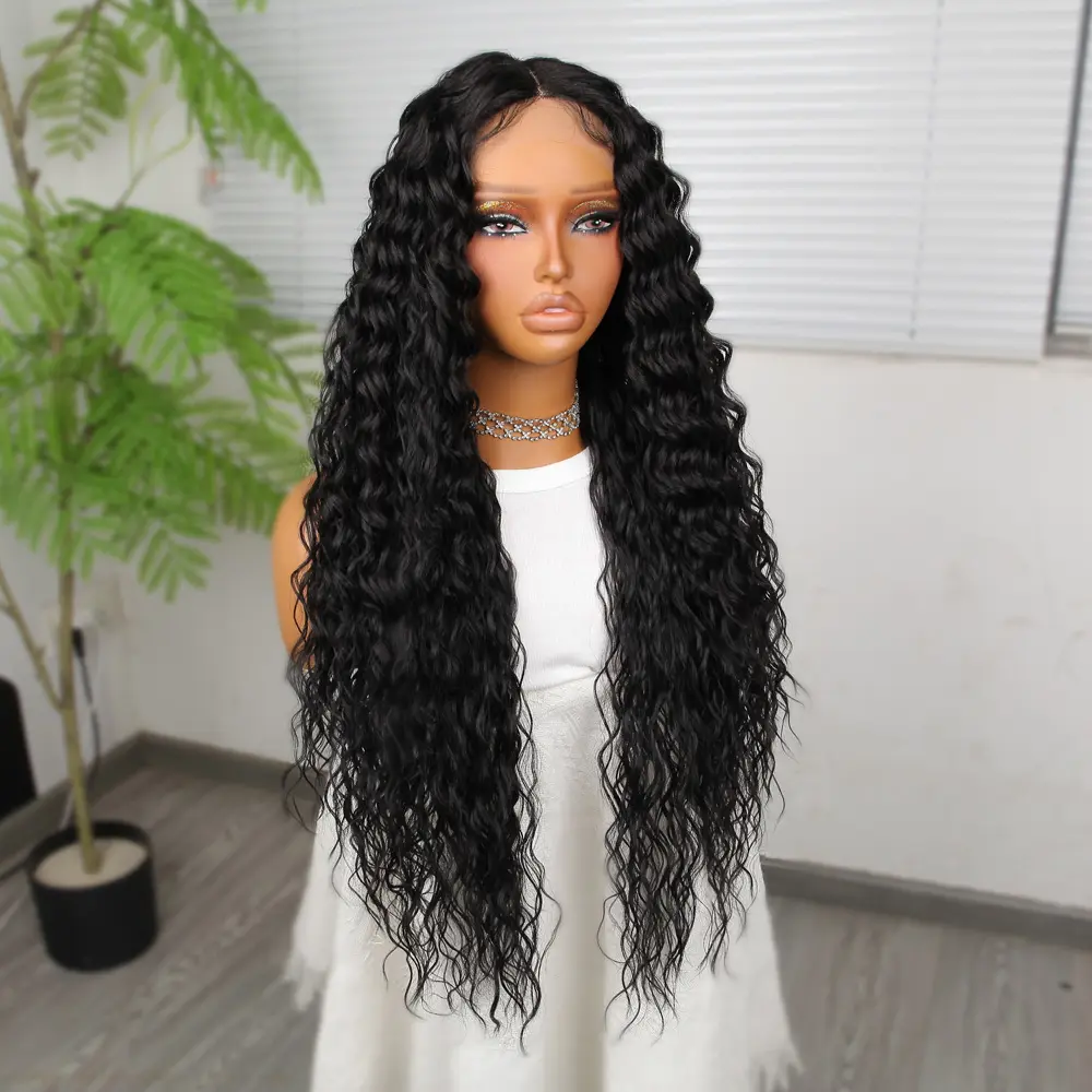 Ekstra Uzun Yoğun Afro Daa Siyah Fiber Sen Geniş T Tül Peruk 3