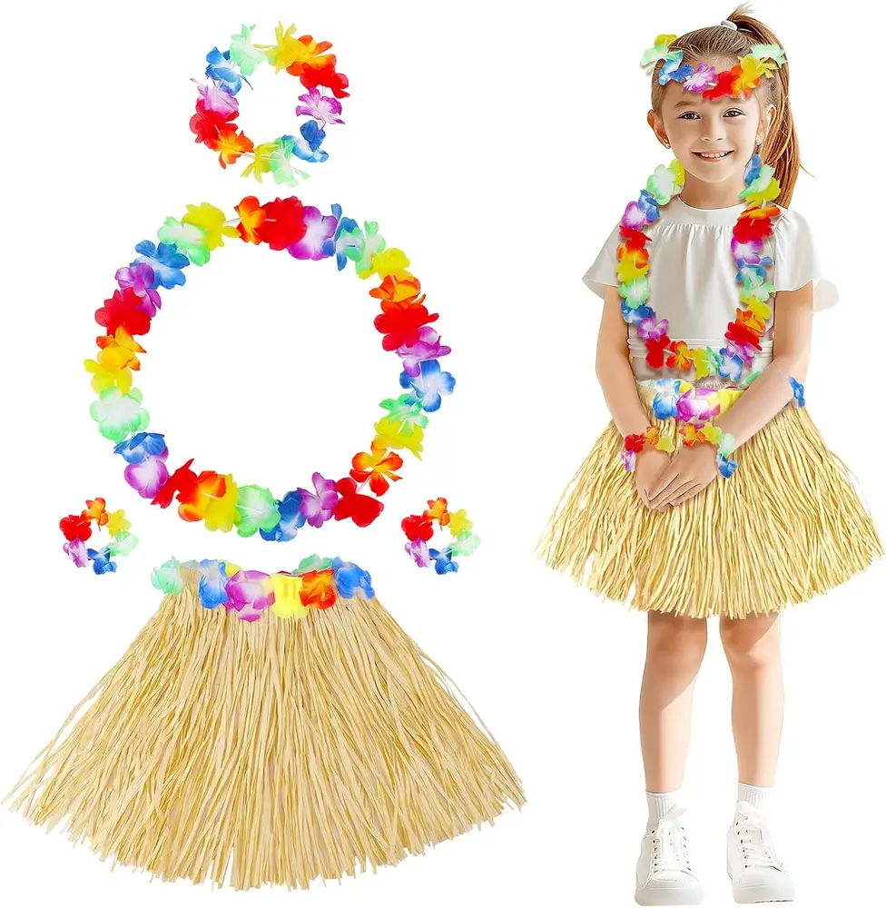 Yetişkin Çuk Hawaii Parti Seti - 40 cm Naturel Etek + Çiçek Aksesuarlar (5 Parça)