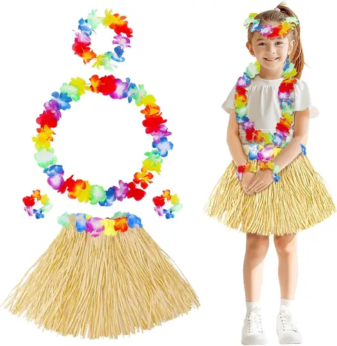 Yetişkin Çuk Hawaii Parti Seti - 40 cm Naturel Etek + Çiçek Aksesuarlar (5 Parça)