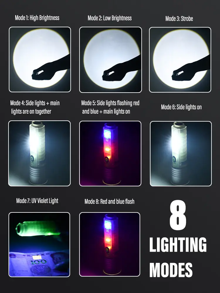 Profesyonel TG LED Güçlü 8 Modlu Type-C 1000 Lümen Polis Çakarlı Şarjlı El Feneri 5